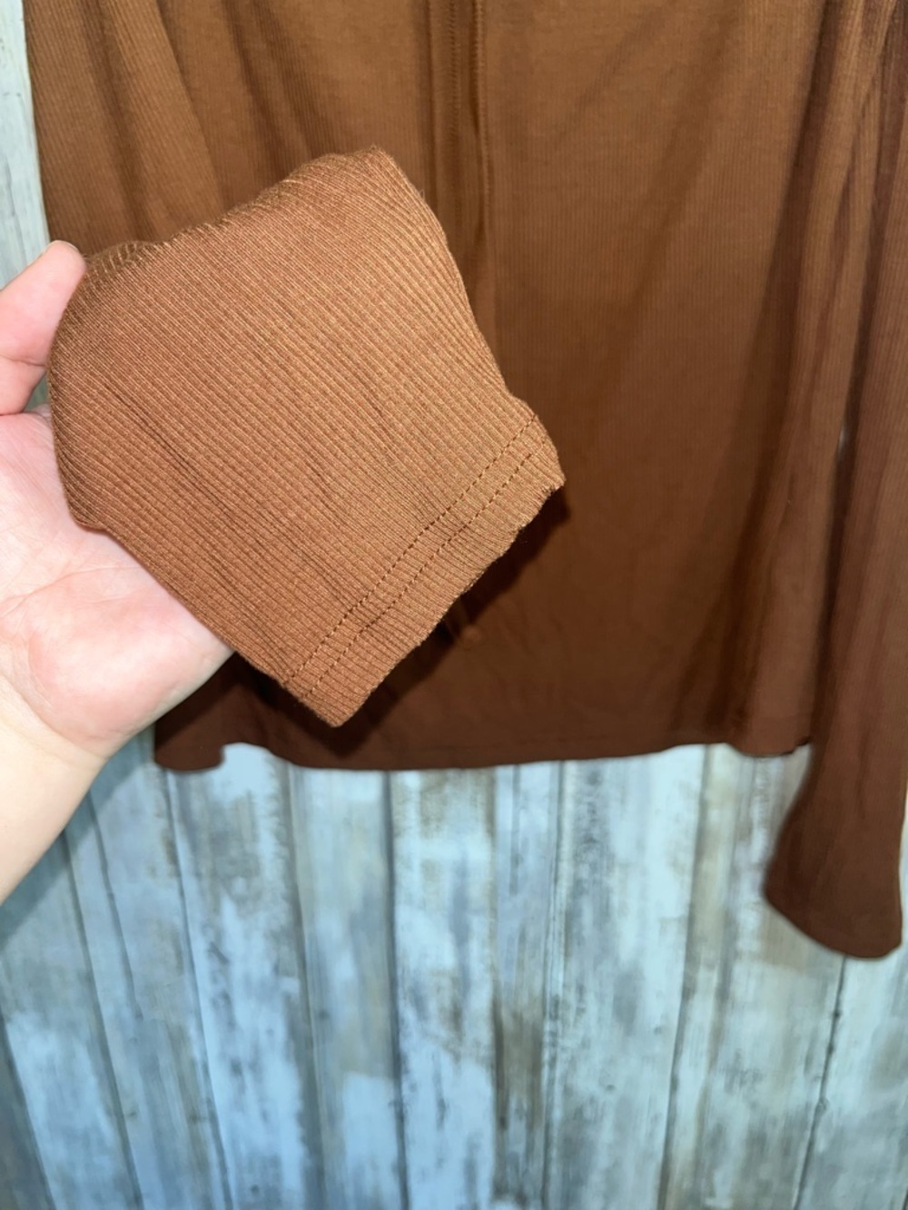 PrettyGarden Brown Off Shoulder Ribbed Top XL Boho Long Sleeve Tie Neck - Picture 6 of 6